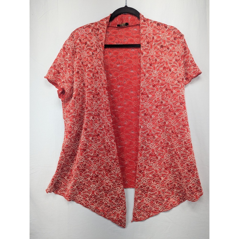 Shannon Ford New York Red Lace Open Front Cardigan Short Sleeve Elegant